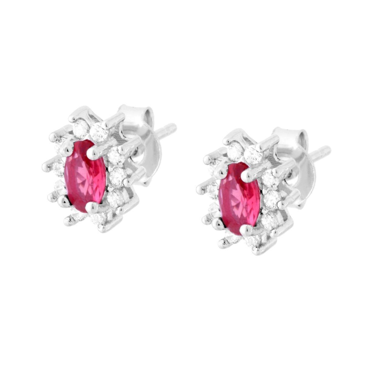 Orecchini con Zircone Ovale Rosso Rubino contornato con Zirconi Bianchi in ARGENTO 925 Galvanica Rodio