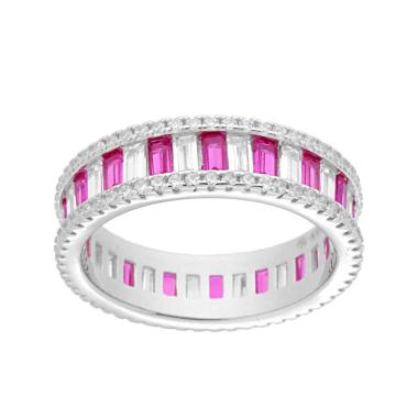 Anello Eternity con Cubic Zirconia taglio Baguette alternati Bianchi e Rosso Rubino in ARGENTO 925 Galvanica Rodio