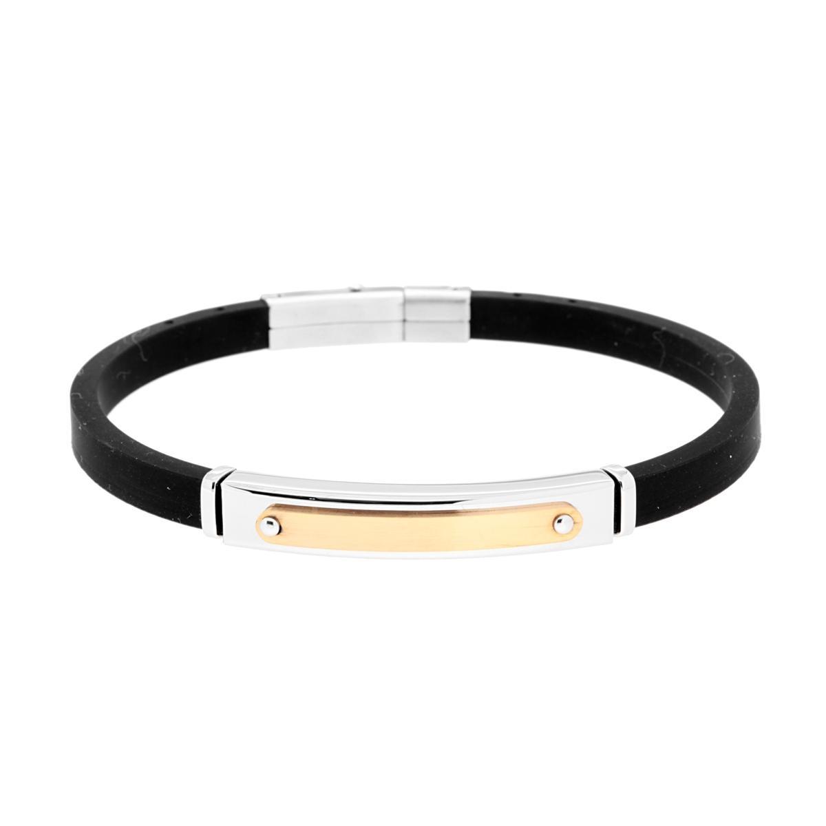 Bracciale in PVC Caucciu Nero con Accessorio Targa dettaglio Rosa in ACCIAIO