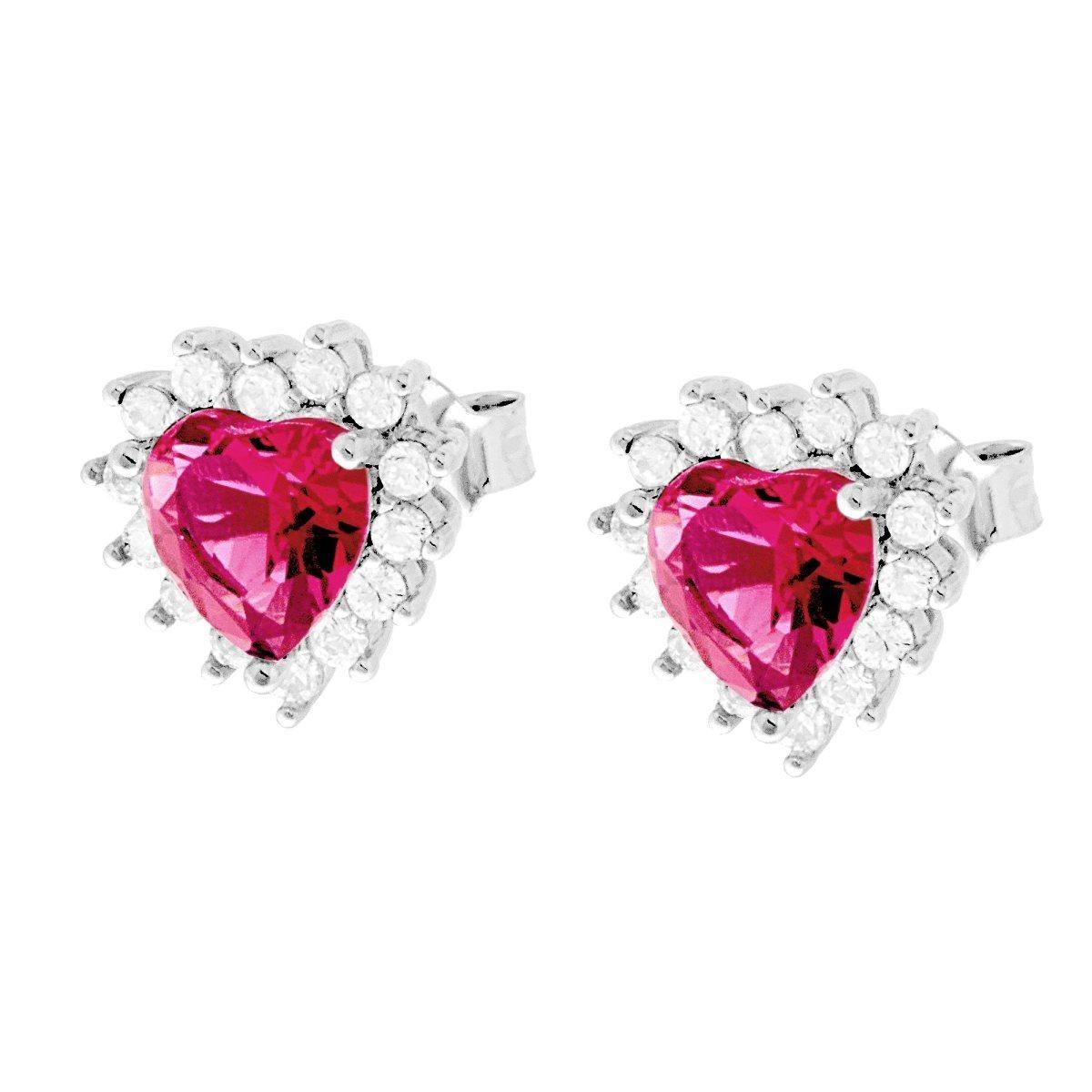 Orecchini Cuore Zircone Rosso Rubino contornato da Zirconi Bianchi in ARGENTO 925 Galvanica Rodio