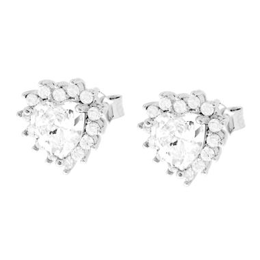 Orecchini Cuore Zircone Bianco contornato da Zirconi Bianchi in ARGENTO 925 Galvanica Rodio