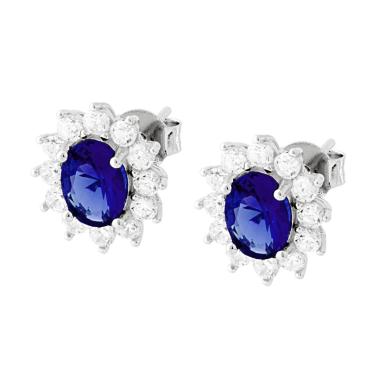 Orecchini Ovale Zircone Blu Zaffiro contornato da Zirconi Bianchi in ARGENTO 925 Galvanica Rodio