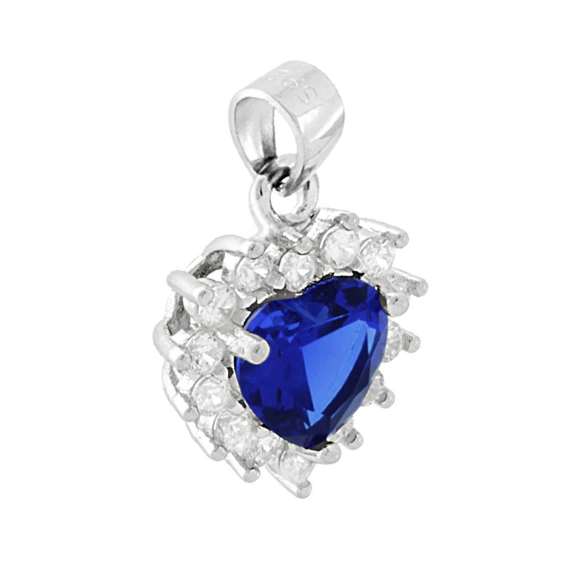 Ciondolo Cuore con Zircone Blu Zaffiro contornato da Zirconi Bianchi in ARGENTO 925 Galvanica Rodio