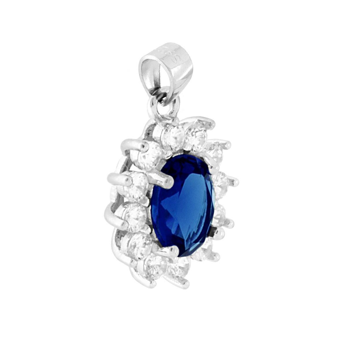 Ciondolo Ovale con Zircone Blu Zaffiro contornato da Zirconi Bianchi in ARGENTO 925 Galvanica Rodio