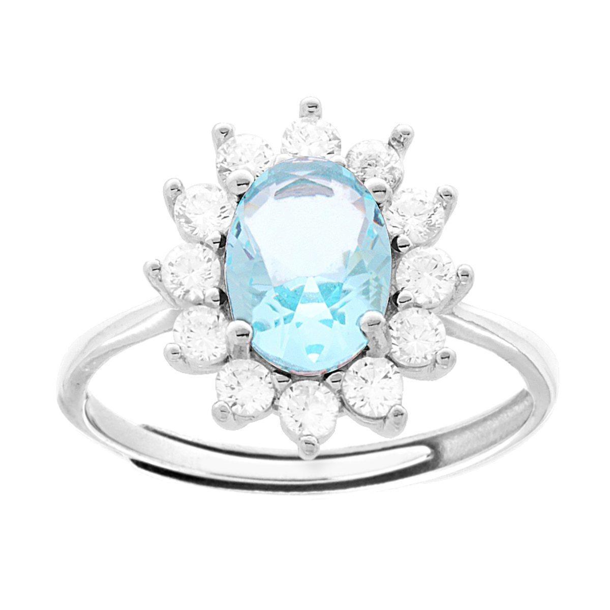 Anello Halo Solitario con Zircone Ovale Acquamarina contornato da Zirconi Bianchi in ARGENTO 925 Galvanica Rodio