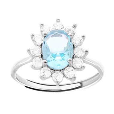 Anello Halo Solitario con Zircone Ovale Acquamarina contornato da Zirconi Bianchi in ARGENTO 925 Galvanica Rodio
