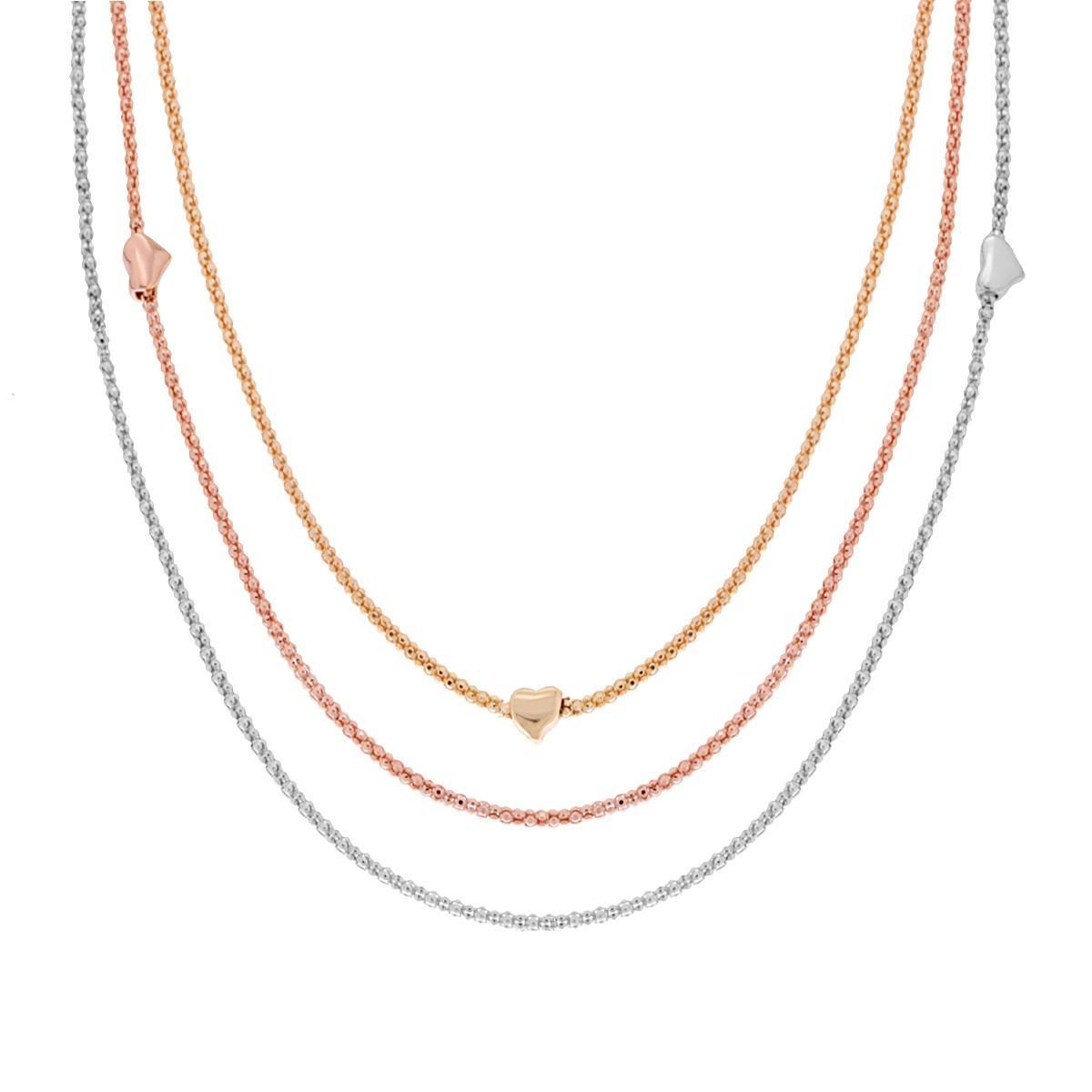 Collana tre fili Catena Coreana Diamantata con Cuori lisci in ARGENTO 925 Galvanica Oro Rodio e Rosa