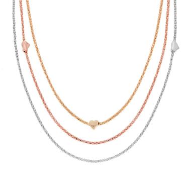 Collana tre fili Catena Coreana Diamantata con Cuori lisci in ARGENTO 925 Galvanica Oro Rodio e Rosa