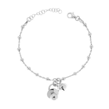 Bracciale Catena Forzatina Diamantata con palline lisce mm 3 e con Campanella e Ciuccio pendenti in ARGENTO 925 Galvanica Rodio