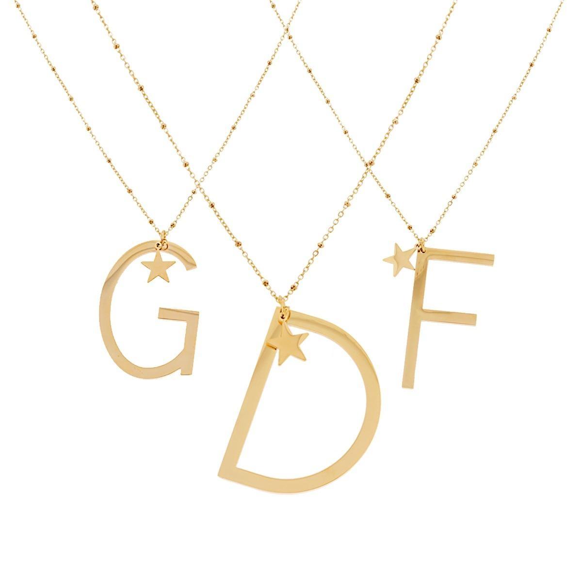 Collana Lunga Catena Forzatina con Palline cm 90 Stella plain e Lettera Iniziale Galvanica Oro in ACCIAIO