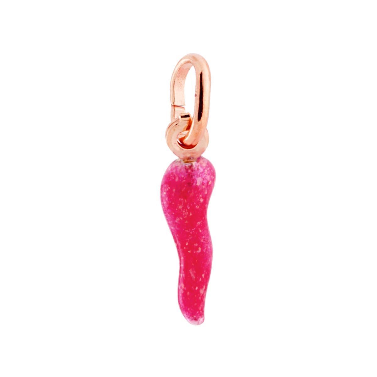 Ciondolo Portafortuna Corno mm 18 con Smalto Fucsia glitter in ARGENTO 925 Galvanica Rosa