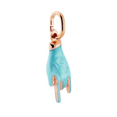 Ciondolo Portafortuna Mano Corna con Smalto Azzurro perlato in ARGENTO 925 Galvanica Rosa