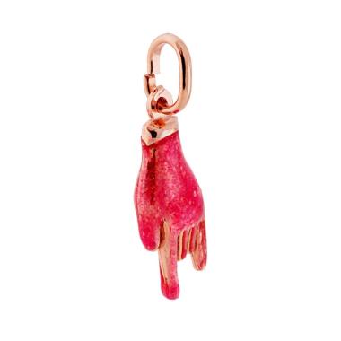 Ciondolo Portafortuna Mano Corna con Smalto glitter Fucsia in ARGENTO 925 Galvanica Rosa