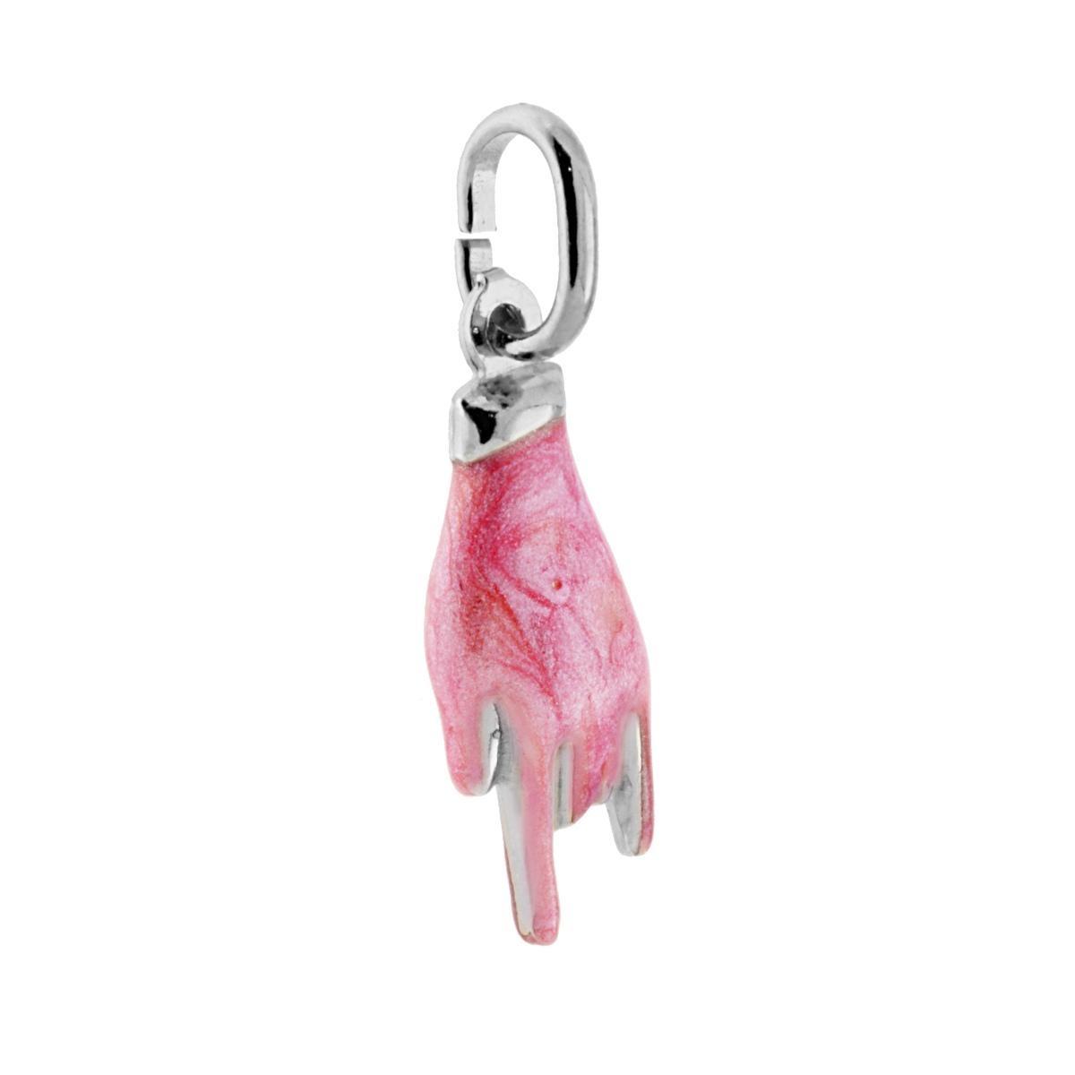 Ciondolo Portafortuna Mano Corna con Smalto Rosa perlato in ARGENTO 925 Galvanica Rodio