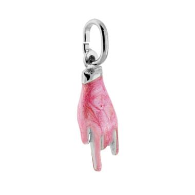 Ciondolo Portafortuna Mano Corna con Smalto Rosa perlato in ARGENTO 925 Galvanica Rodio