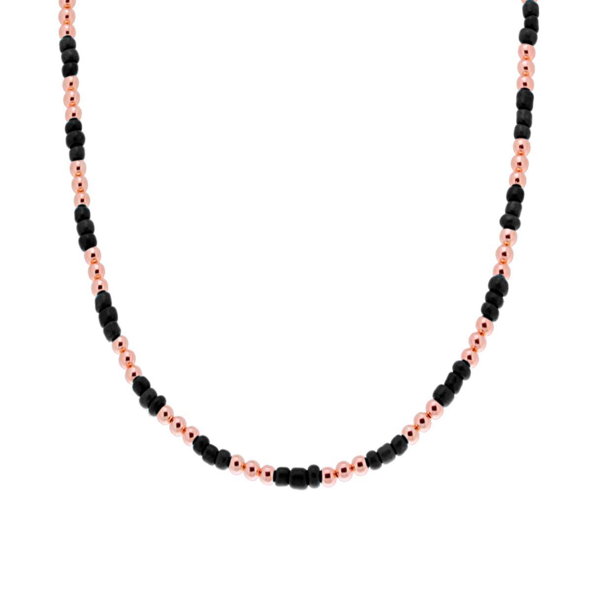 Collana con Perline Nere e palline Lisce in  ARGENTO 925 Galvanica Rosa