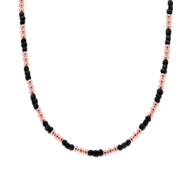 Collana con Perline Nere e palline Lisce in  ARGENTO 925 Galvanica Rosa