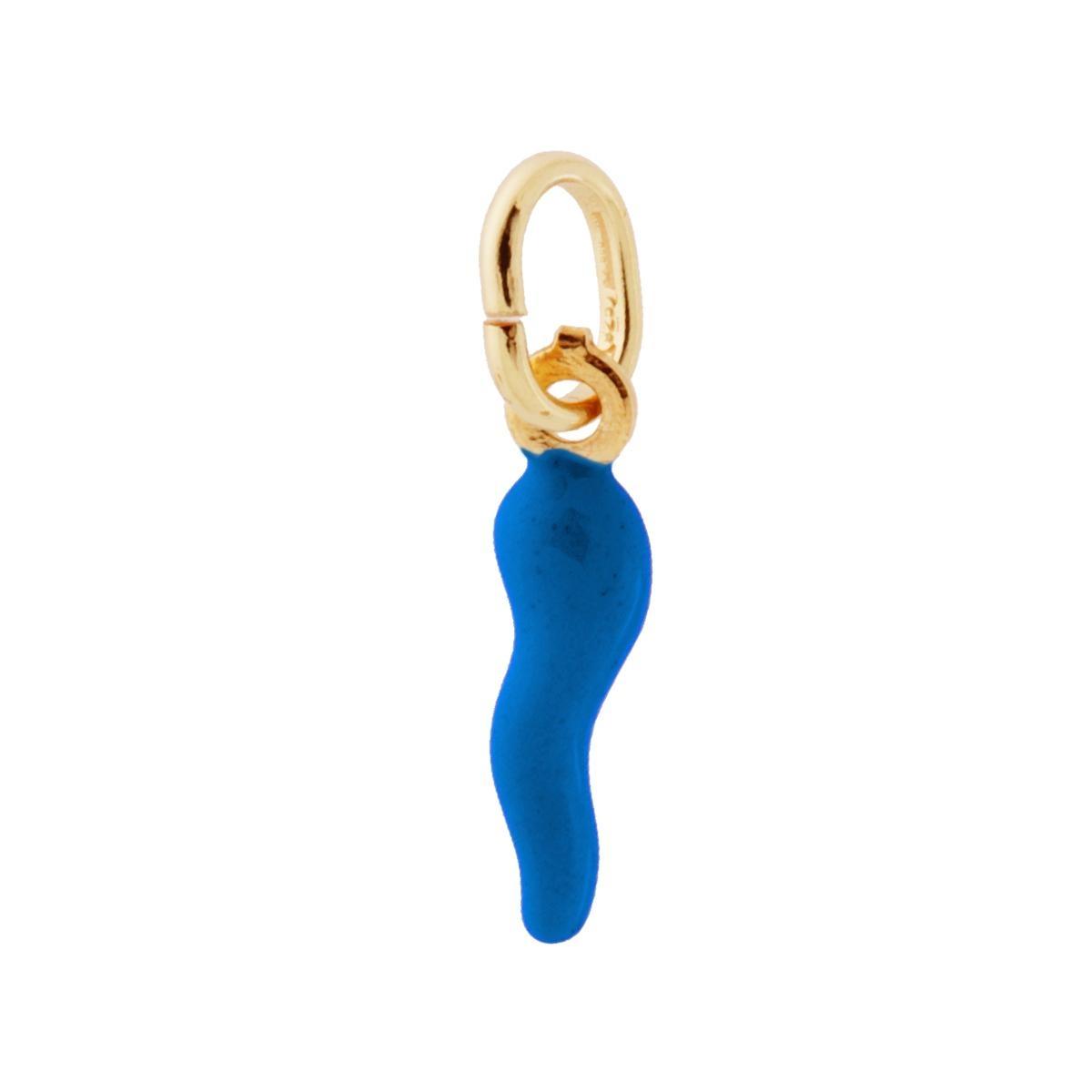 Ciondolo Portafortuna Corno mm 18 con Smalto Blu in ARGENTO 925 Galvanica Oro