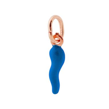 Ciondolo Portafortuna Corno mm 18 con Smalto Blu in ARGENTO 925 Galvanica Rosa