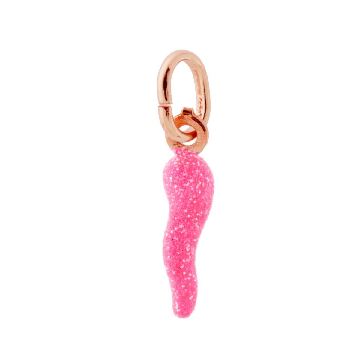 Ciondolo Portafortuna Corno mm 18 con Smalto Rosa glitter in ARGENTO 925 Galvanica Rosa