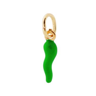 Ciondolo Portafortuna Corno mm 18 con Smalto Verde in ARGENTO 925 Galvanica Oro