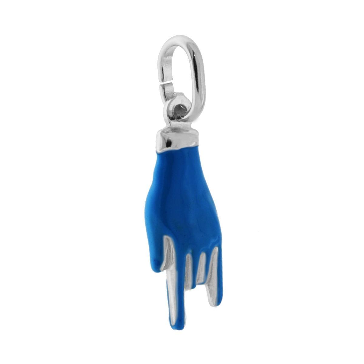 Ciondolo Portafortuna Mano Corna con Smalto Blu in ARGENTO 925 Galvanica Rodio