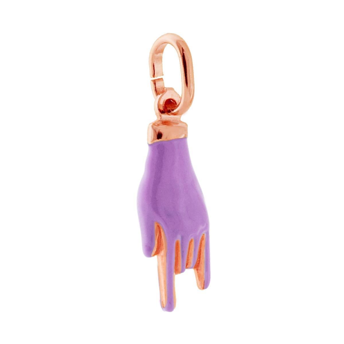 Ciondolo Portafortuna Mano Corna con Smalto Lilla in ARGENTO 925 Galvanica Rosa