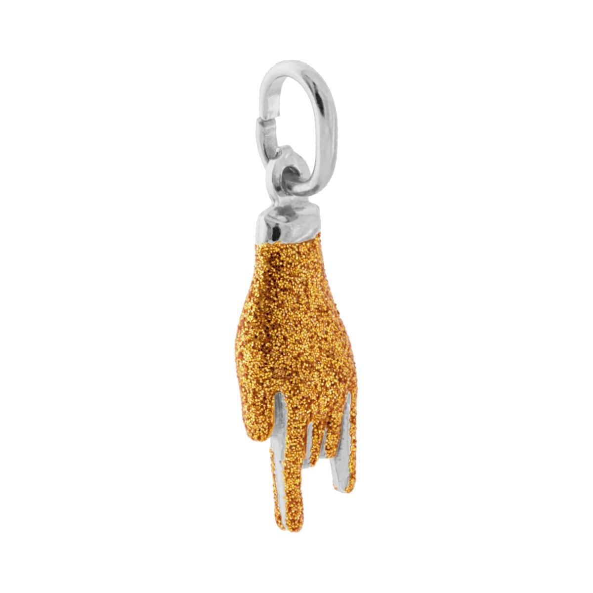 Ciondolo Portafortuna Mano Corna con Smalto Oro glitter in ARGENTO 925 Galvanica Rodio