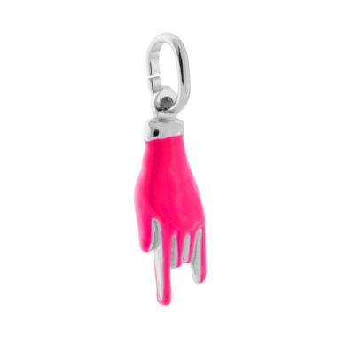 Ciondolo Portafortuna Mano Corna con Smalto Rosa Shock Fluo in ARGENTO 925 Galvanica Rodio