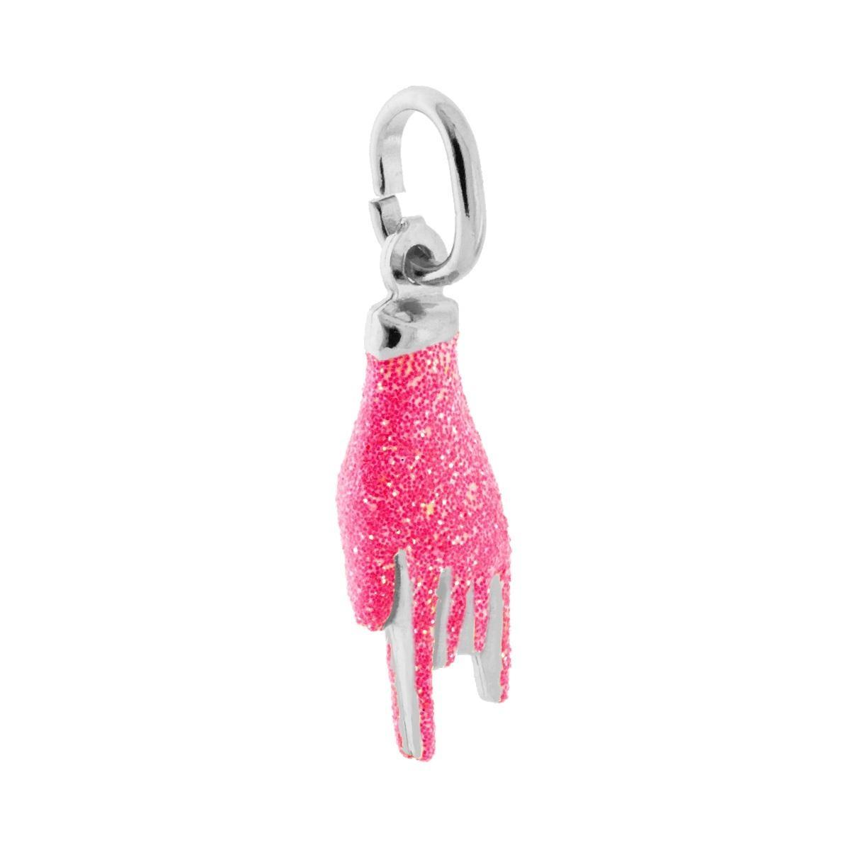 Ciondolo Portafortuna Mano Corna con Smalto Rosa Glitter in ARGENTO 925 Galvanica Rodio