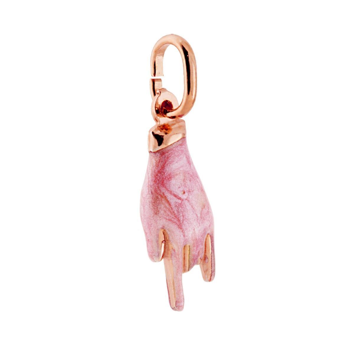 Ciondolo Portafortuna Mano Corna con Smalto Rosa Cipria perlato in ARGENTO 925 Galvanica Rosa