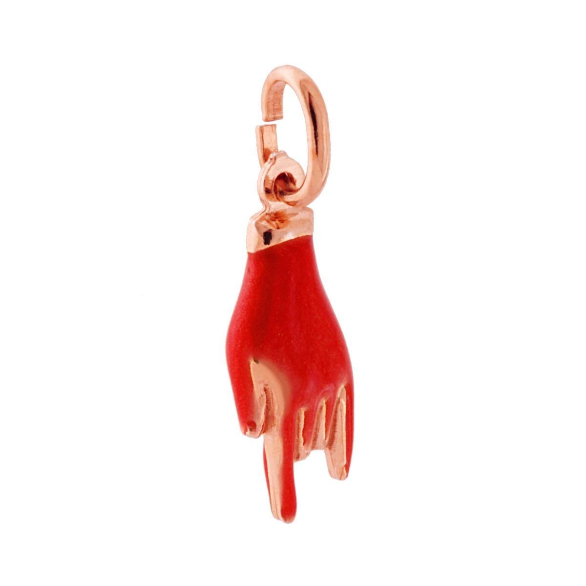 Ciondolo Portafortuna Mano Corna con Smalto Rosso perlato in ARGENTO 925 Galvanica Rosa