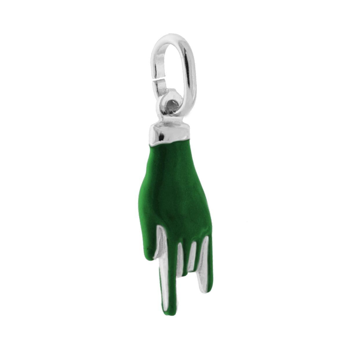 Ciondolo Portafortuna Mano Corna con Smalto Verde Scuro in ARGENTO 925 Galvanica Rodio