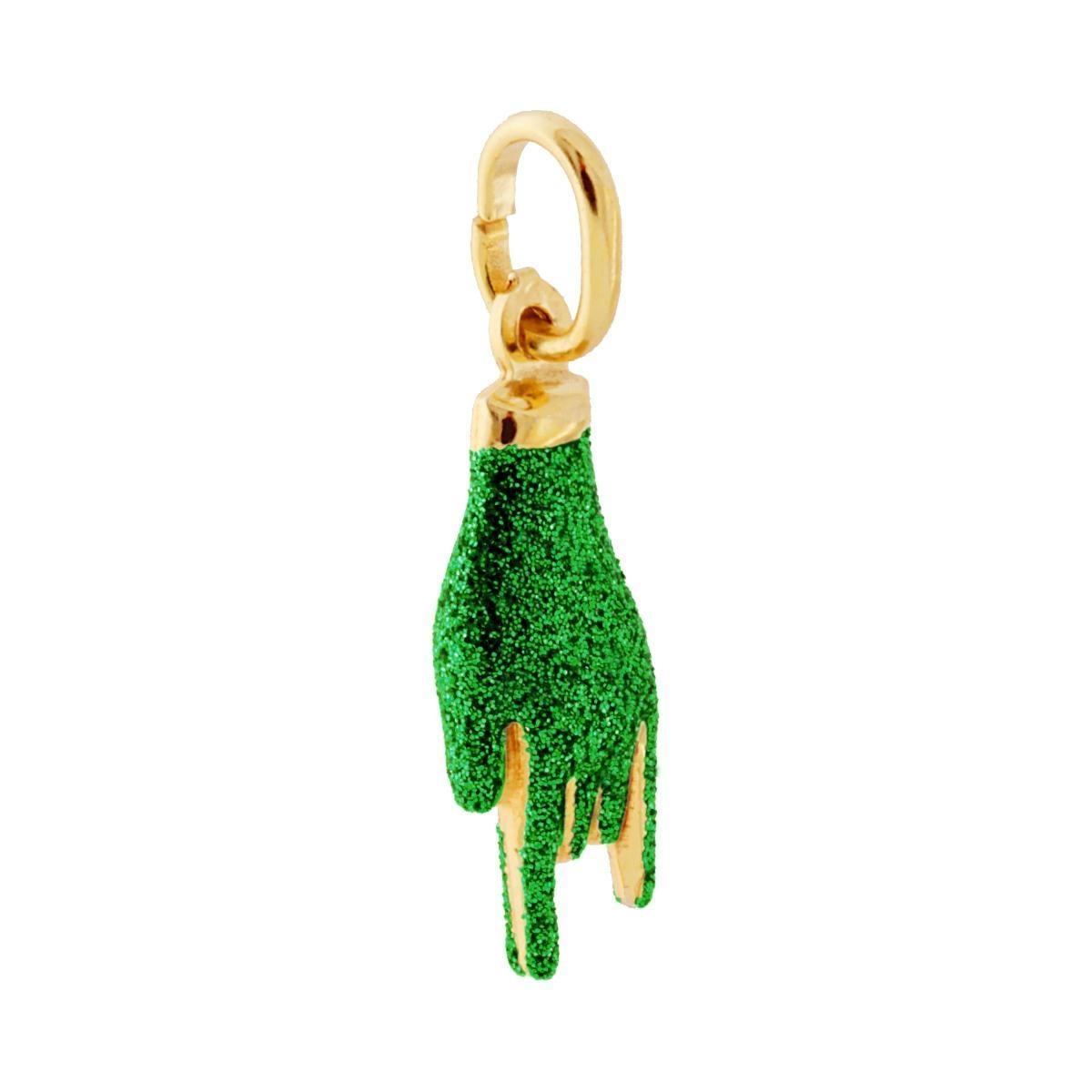 Ciondolo Portafortuna Mano Corna con Smalto Verde glitter in ARGENTO 925 Galvanica Oro