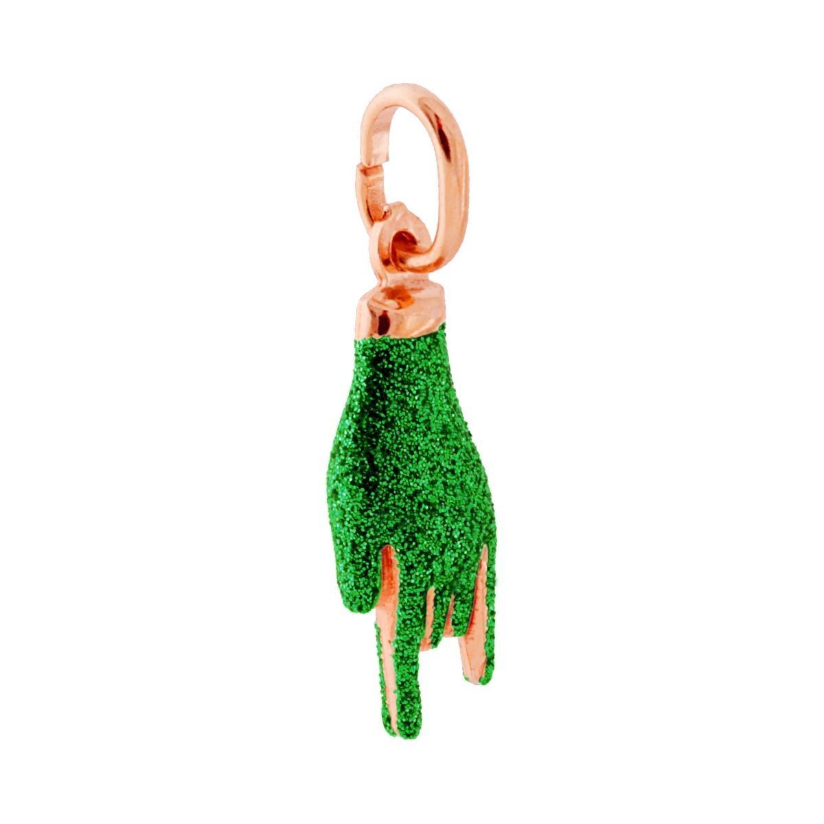 Ciondolo Portafortuna Mano Corna con Smalto Verde glitter in ARGENTO 925 Galvanica Rosa