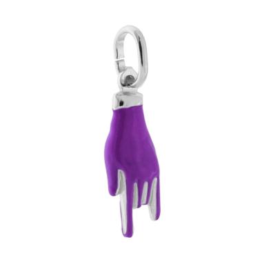 Ciondolo Portafortuna Mano Corna con Smalto Viola in ARGENTO 925 Galvanica Rodio
