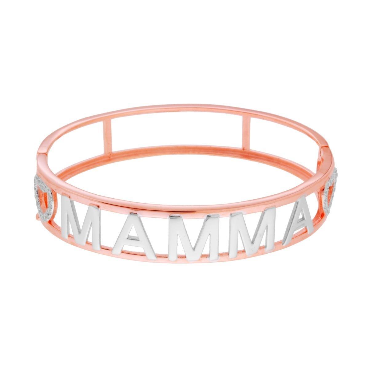 Bracciale Rigido con Scritta MAMMA e Cuori con Zirconi Bianchi in ARGENTO 925 Galvanica Rosa e Rodio