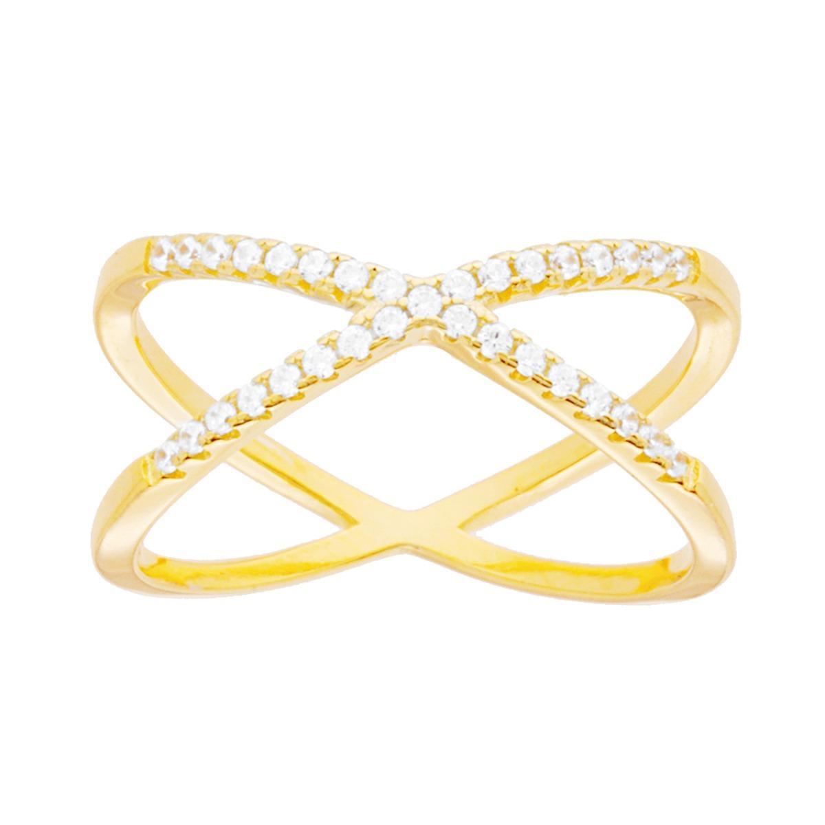 Anello Fascia a Incrocio con Cubic Zirconia Bianchi in ARGENTO 925 Galvanica Oro