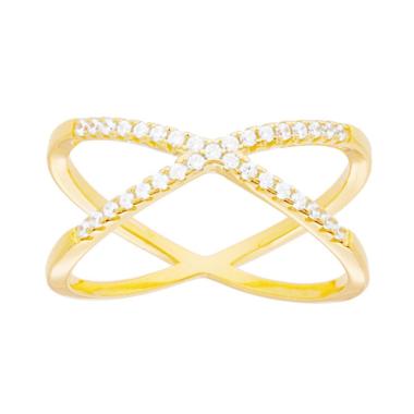 Anello Fascia a Incrocio con Cubic Zirconia Bianchi in ARGENTO 925 Galvanica Oro