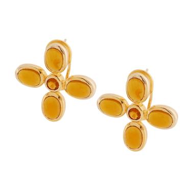 Orecchini Fiore con Pietre Naturali Ovali Ambra in ARGENTO 925 Galvanica Oro
