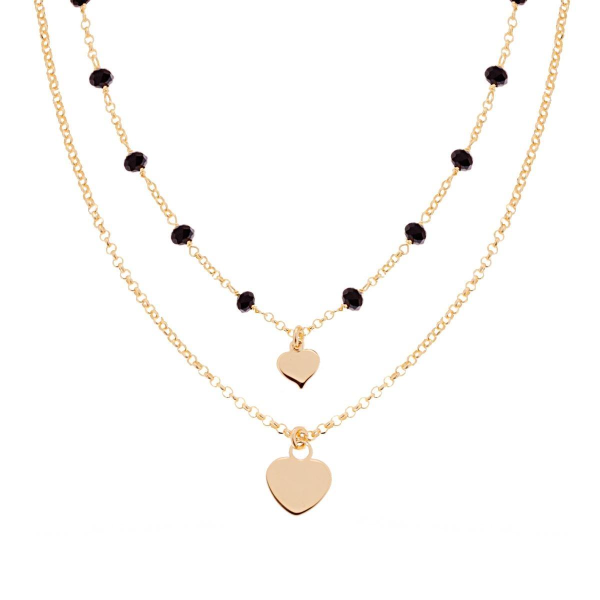 Collana due fili Catena Rolo Diamantata con Crystal Neri e Cuori plain pendenti in ARGENTO 925 Galvanica Oro