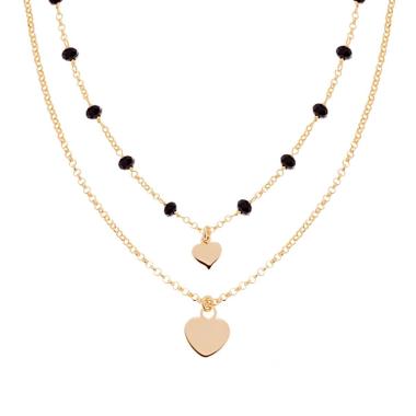 Collana due fili Catena Rolo Diamantata con Crystal Neri e Cuori plain pendenti in ARGENTO 925 Galvanica Oro