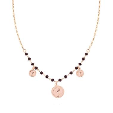 Collana Catena Rolo con Monete pendenti e Crystal Neri in ARGENTO 925 Galvanica Rosa