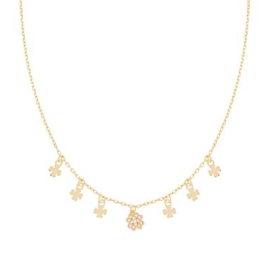 Collana Catena Forzatina Diamantata con Quadrifogli pendenti e Zirconi Bianchi in ARGENTO 925 Galvanica Oro