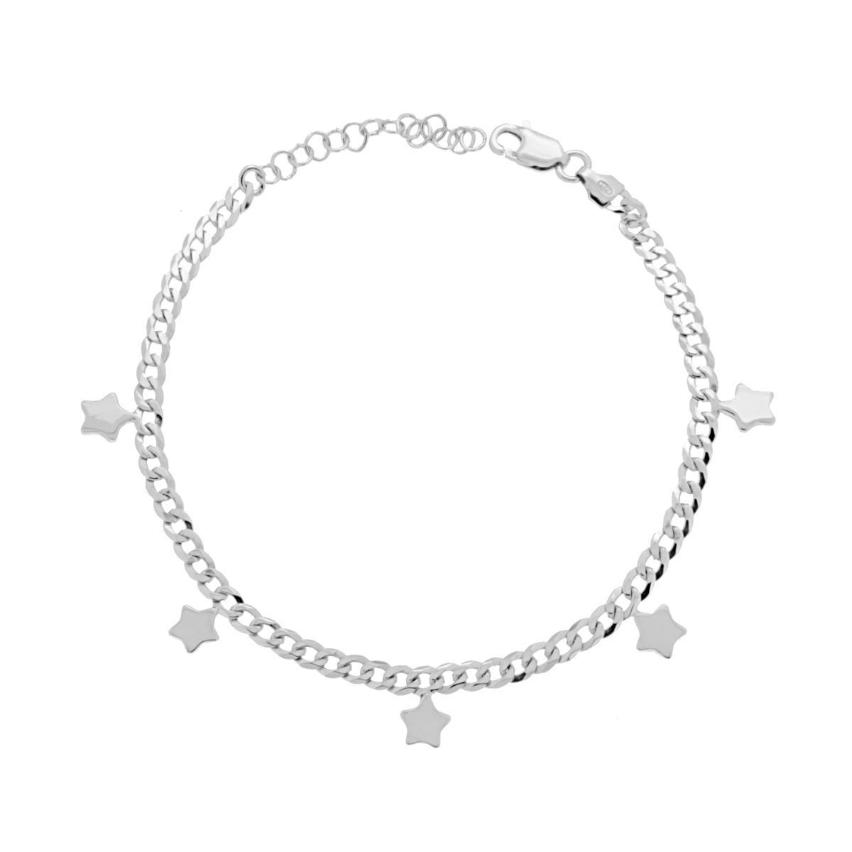 Bracciale Catena Grumetta con Stelle plain pendenti in ARGENTO 925 Galvanica Rodio