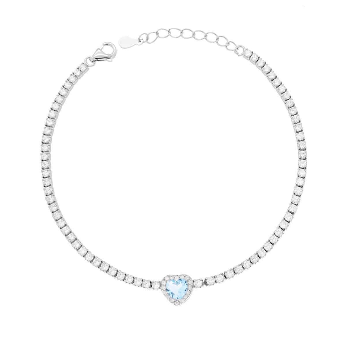 Bracciale Tennis Griffe cm 17+3 con Zirconi mm 2 Bianchi con Zircone Cuore centrale Acquamarina contornato da Zirconi Bianchi in ARGENTO 925 Galvanica Rodio