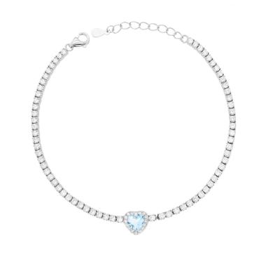 Bracciale Tennis Griffe cm 17+3 con Zirconi mm 2 Bianchi con Zircone Cuore centrale Acquamarina contornato da Zirconi Bianchi in ARGENTO 925 Galvanica Rodio