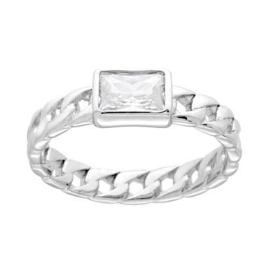 Anello Solitario con Catena Grumetta con Zircone Bianco Rettangolare in ARGENTO 925 Galvanica Rodio