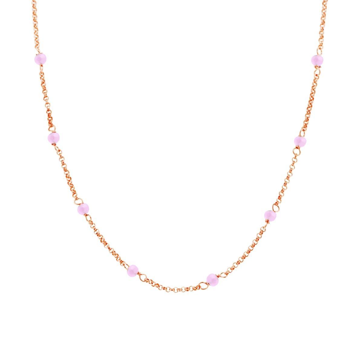 Collana Catena Rolo Diamantata con Crystal Rosa in ARGENTO 925 Galvanica Rosa