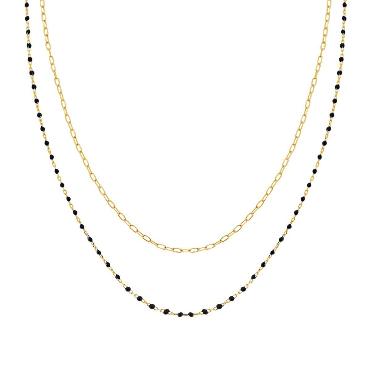 Collana due fili Catena Forzatina Allungata con Smalto Nero in ARGENTO 925 Galvanica Oro